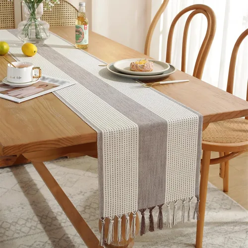 Vista 4 de Hsvanyr Camino de mesa gris rústico rectangular con exquisita borla para cocina, comedor, picnic, mesa de café, 13 x 63 pulgadas, a prueba de polvo