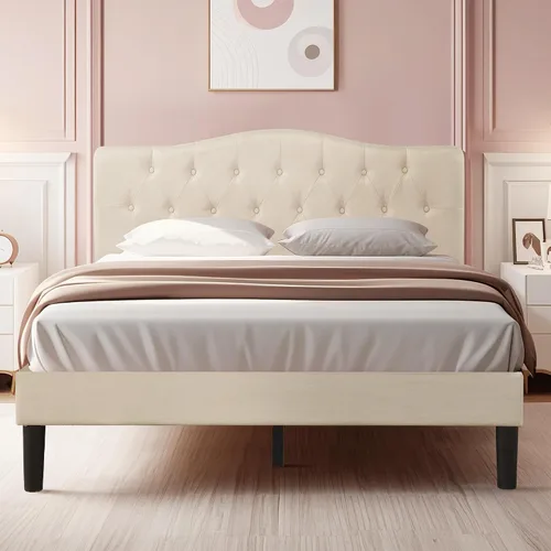 Vista 10 de VECELO - Base de cama tapizada con plataforma individual con cabecera ajustable de panel cosido con botones, fuerte soporte de listones de madera