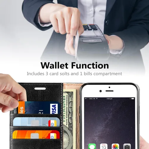 Vista 4 de Belemay Funda tipo cartera compatible con iPhone 8 Plus, de piel de vaca auténtica, funda tipo folio (funda interior de TPU suave), ranuras