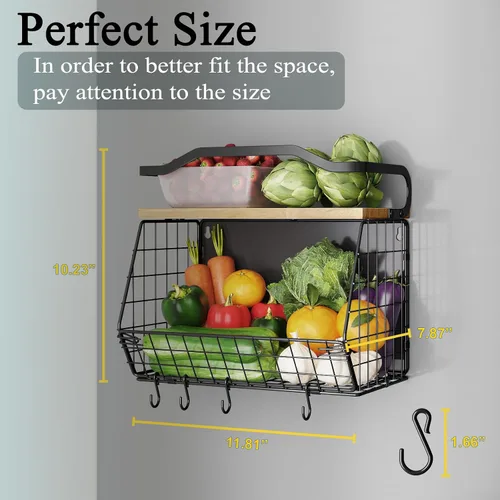 Vista 4 de Mefirt Estante Magnético para Refrigerador con Tapa de Madera, Cesta de Frutas Resistente, Contenedores de Almacenamiento de Frutas, Papas