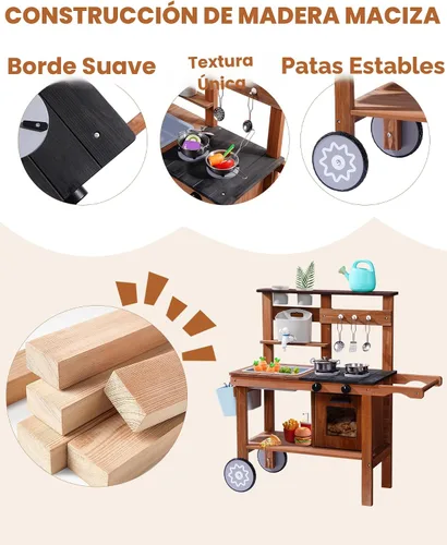 Vista 4 de ROBUD Cocina de barro para niños al aire libre con ruedas, cocina de madera al aire libre, cocina de barro para niños con fregadero y grifo