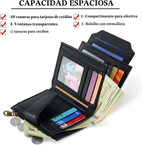 Vista 2 de Airkit Cartera para mujer, pequeña cartera de cuero para mujer, plegable, compacta, con bloqueo RFID, tarjetero de crédito, mini bolso de viaje