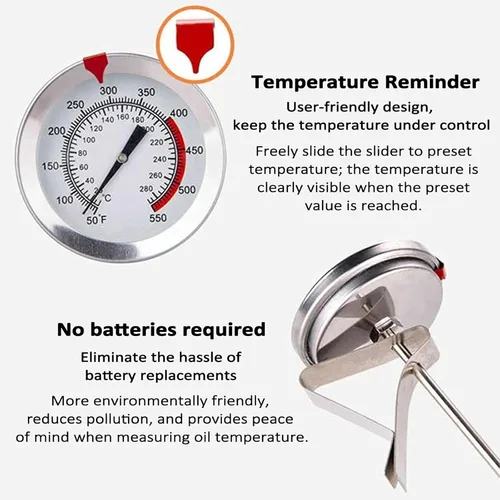 Vista 4 de Medidor mecánico de temperatura de aceite, termómetro para freír profundo de 19.6 pulgadas de tallo largo con clip para olla, lectura instantánea