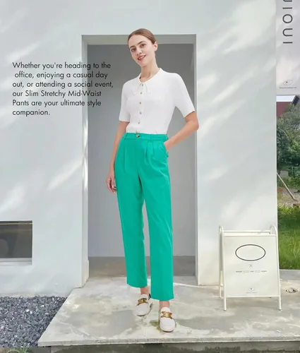 Vista 3 de ASSUAL Pantalones de pierna recta de mezcla de lino para mujer, pantalones de cintura media con botones, pantalones de vestir holgados para todo