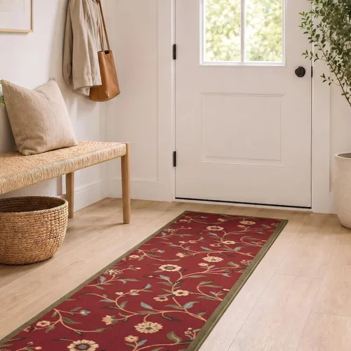Vista 34 de Ottomanson, colección OttoHome, tapete para corredor con diseño azul claro y damasco (antiderrapante), parte trasera de goma Floral Beige