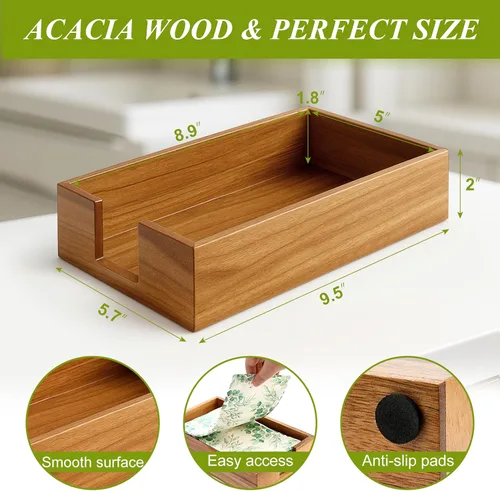 Vista 4 de Toallero de madera de acacia para servilletas de baño, bandeja de toalla de mano, soporte plano para servilletas de cóctel para mesa de cocina