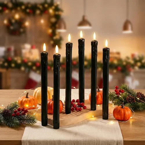 Vista 7 de Eywamage Velas cónicas sin llama de cera negra con control remoto, velas LED parpadeantes de cera que funcionan con pilas, juego de 6