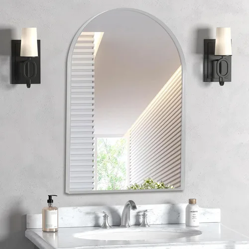 Vista 25 de Espejo arqueado negro de 16" x 20", espejo de pared para baño con arco, espejo de tocador de baño con marco de metal y parte superior arqueada