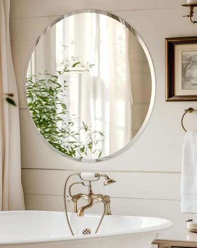 Vista 14 de Espejo de pared ovalado sin marco: Espejo decorativo elíptico de vidrio espejado para tocador con borde plateado biselado para baño, dormitorio