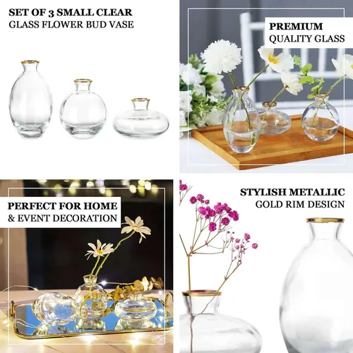 Vista 4 de Efavormart - Juego de 3 centros de mesa pequeños de cristal transparente con borde dorado metálico, jarrones florales modernos, varios tamaños