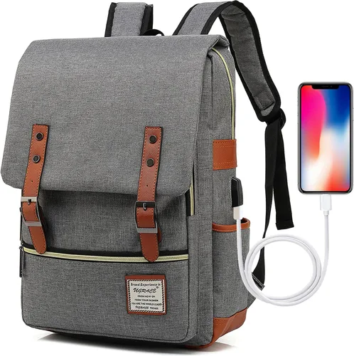 Vista 9 de UGRACE - Mochila vintage para portátil con puerto de carga USB, elegante mochila de viaje resistente al agua, mochilas casuales para hombres y Negro