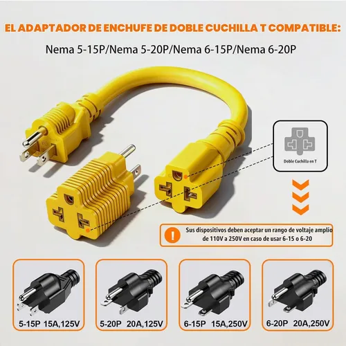Vista 5 de Cable de extensión 4 en 1 de 15 amperios a 20 amperios y adaptador de corriente de 1 pie, adaptador de hoja T - 5-15P a 5-20R, 6-15R, 6-20R, cable