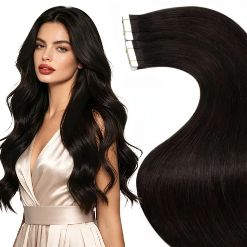 Vista 67 de LaaVoo Extensiones adhesivas de cabello humano real, color negro azabache, extensiones de cabello humano liso y sedoso, 10 pulgadas, 20