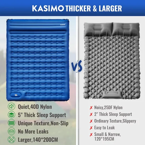 Vista 3 de KASIMO Colchoneta de dormir doble para acampar, 5 pulgadas, ultra gruesa, 4.6x6.6 ft para 2 personas con almohada incorporada, inflable