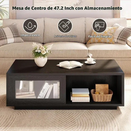 Vista 3 de HSH - Mesa auxiliar de roble negro de 47 pulgadas para sala de estar con almacenamiento