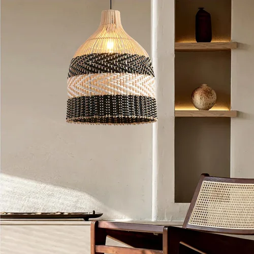 Vista 7 de Lámpara Colgante de Ratán 1 Paquete Candelabro de Cesta de Ratán Sintético Negro Blanco 11.8" Boho Tejido a Mano Ovalado de Mimbre Lámpara Colgante