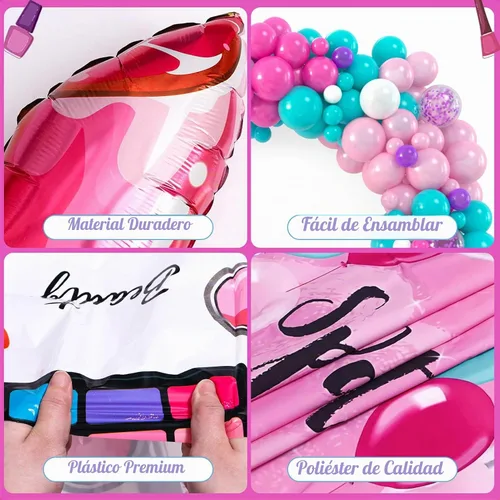 Vista 7 de 127 piezas de suministros de fiesta de spa para niñas, decoración de cumpleaños con guirnalda de globos, globos de papel de aluminio, telón