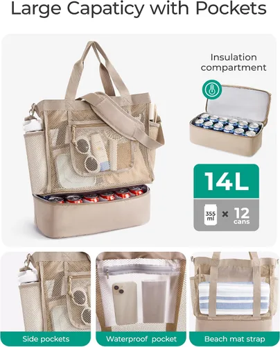 Vista 4 de BAGSMART Bolsa de playa para mujeres, bolsas de malla tipo tote con cremallera, esenciales de vacaciones a prueba de arena con enfriador