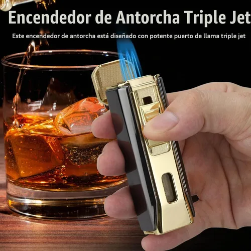 Vista 4 de Encendedor de llama triple jet con punzón y soporte, linterna multifuncional resistente al viento, encendedor de butano recargable, caja de regalo