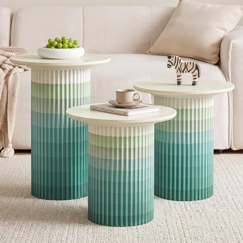 Vista 12 de Bifins Juego de 3 mesas redondas anidadas, mesa de café y mesa auxiliar de estilo Mid Century Modern con estrías, mesa lateral pequeña de madera