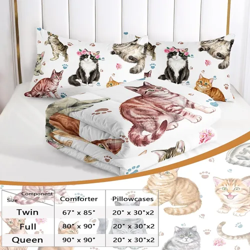 Vista 2 de AILONEN Juego de ropa de cama con estampado de gato en acuarela, tamaño individual con gatos y huellas para niños y niñas, juego de edredón suave