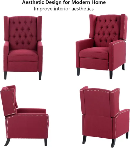 Vista 6 de Silla reclinable manual moderna, sillón informal con patas de madera maciza con decoración de remaches, sofá individual para dormitorio, sala