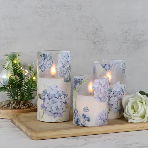 Vista 4 de Hydrangea Glass Flameless Candles Batttery Operated Remote Timer 1-Hydrangea Blue