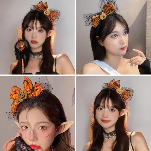 Vista 2 de Diadema de Acción de Gracias, banda para el pelo con lazo de calabaza naranja, linda malla de calabaza con diseño de lazo para niñas y mujeres