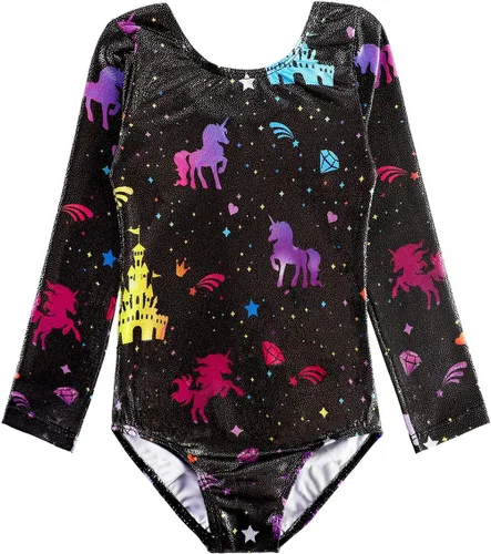 Vista 45 de HOZIY - Leotardos de manga larga para niñas, de gimnasia, para niños pequeños, trajes florales de unicornio, galaxia, arco iris, patrón de rayas