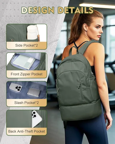 Vista 4 de Mochila de gimnasio para mujeres y hombres, bolsa de gimnasio ligera con compartimento para zapatos, mochila deportiva impermeable con bolsillo