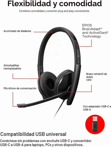 Vista 6 de Auriculares con cable Lenovo con cancelación activa de ruido (ANC), conectividad USB-C y USB-A, Certificado para Zoom, Cancelación activa de ruido