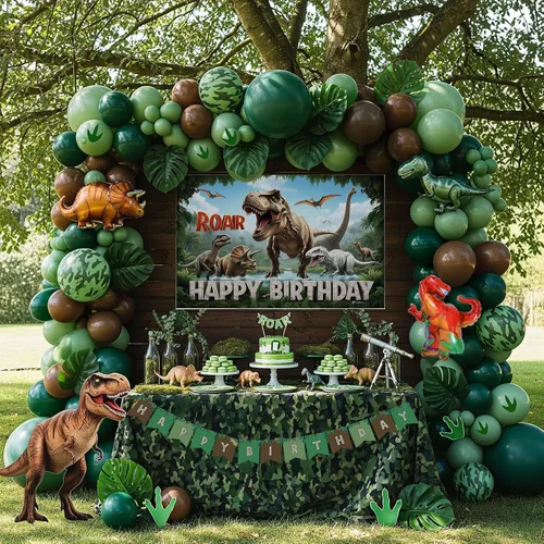 Vista 9 de Decoraciones de Fiesta de Cumpleaños de Dinosaurio kit de arco de globos verde cazador negro marrón con mini globos de papel de aluminio de dino