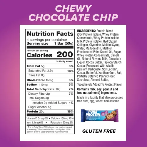 Vista 2 de Pure Protein - Barras de proteína masticable con chispas de chocolate, 0.71 oz de proteína, 36 unidades 0.11 oz de azúcar, 190 calorías, aperitivo