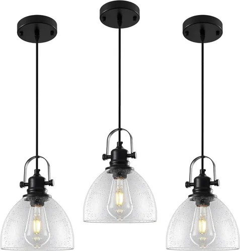 Vista 24 de Luces Colgantes de Vidrio para Isla de Cocina, 7.5 pulgadas Luces Colgantes de Vidrio Dorado 1-Paquete, Lámpara Colgante Moderna con Pantalla