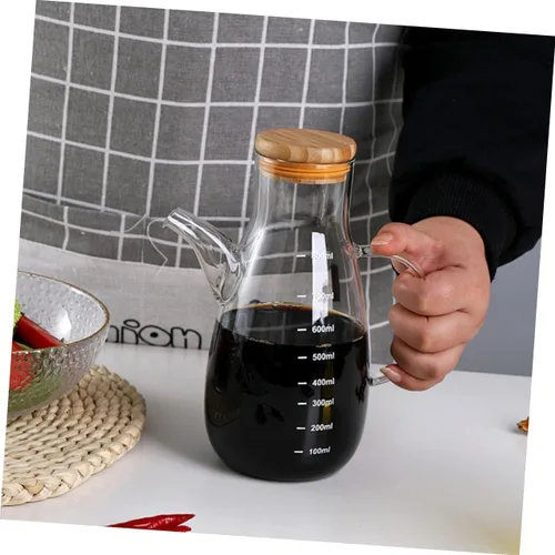Vista 4 de Ciieeo Olla de aceite de vidrio de borosilicato con tapa de bambú a prueba de fugas y escala de medición, botella dispensadora de aceite de cocina