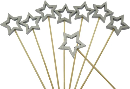 Vista 4 de Star Cocktail Pick yyangz - 100 púas de cóctel de bambú en forma de estrella plateada, palillos de dientes de Navidad para aperitivo, barbacoa