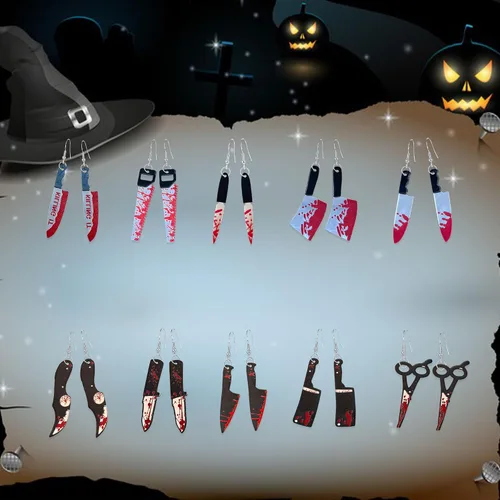 Vista 7 de Juego de 10 pares de cuchillos punk, daga, tijeras, cuchillos de cocina, sierras, juego de aretes colgantes góticos acrílicos con sangre impresa