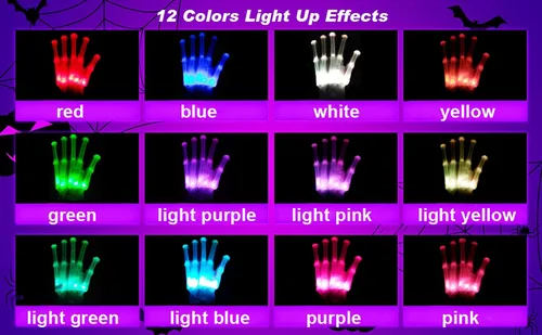 Vista 2 de Guantes LED, 12 colores iluminados para niños, guantes de esqueleto LED, regalo de juguetes geniales para Halloween, regalo de Navidad para hombres