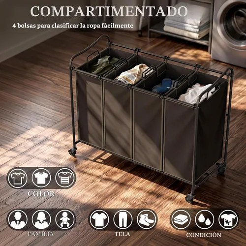 Vista 7 de Simple Houseware - Carrito rodante clasificador de ropa sucia con 4 bolsas, color marrón Bronce
