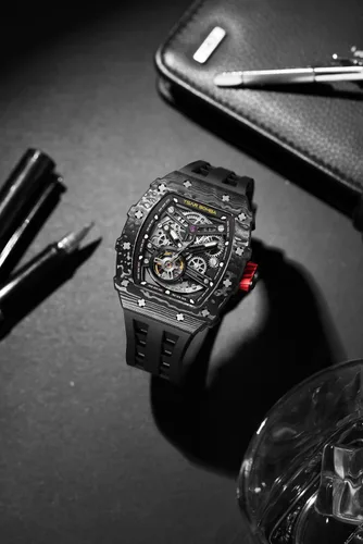 Vista 8 de TSAR BOMBA Reloj para hombre, reloj automático impermeable de 164.0 ft, esqueleto mecánico Tonneau con esfera de cara grande, reloj negro