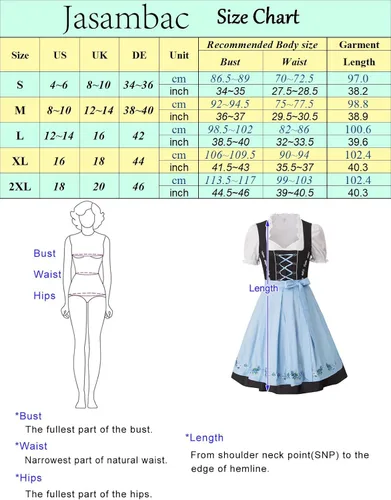 Vista 6 de JASAMBAC - Disfraz de Dirndl alemán para mujer, 3 piezas para Oktoberfest Carnaval