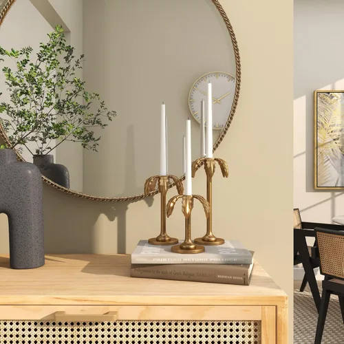 Vista 9 de Deco 79 Portavelas decorativo de metal de aluminio, soporte de vela de palmera, juego de 3 candelabros de 6 pulgadas, 8 pulgadas, 10 pulgadas