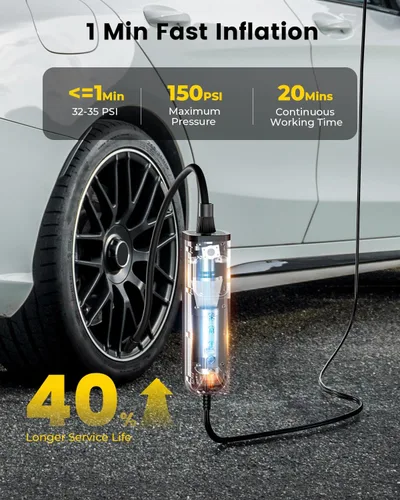 Vista 2 de Compresor de aire portátil para inflado de neumáticos, bomba de bicicleta de inflado rápido de 1 minuto con luz LED de manómetro digital, bomba