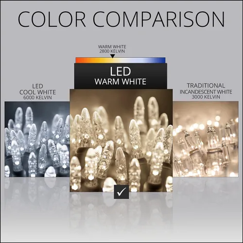 Vista 5 de 70 luces LED de Navidad M5 de color blanco cálido, cable verde de 24 pies para interiores y exteriores, mini cadena de grado comercial, iluminación