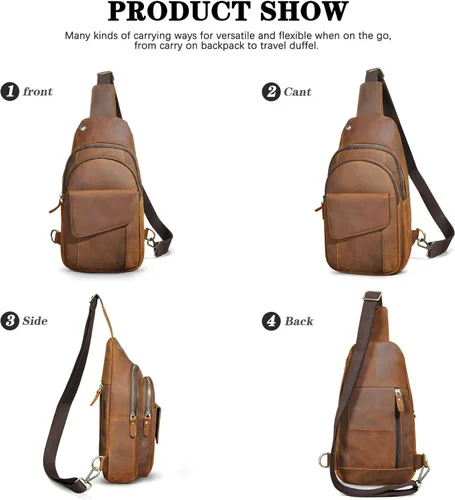 Vista 3 de Caballo loco grueso cuero triángulo Crossbody Sling bolsa de pecho viaje un bolso de hombro Daypack para hombres hombres 3028