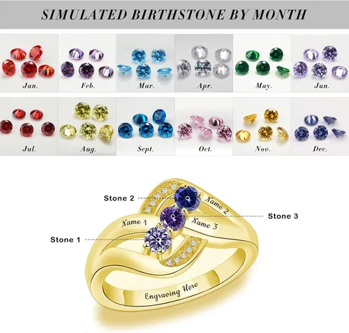 Vista 5 de Anillo de piedras natales personalizadas de oro de 10 quilates, 14 quilates y 18 quilates con nombres, anillos de promesa para parejas y mujeres