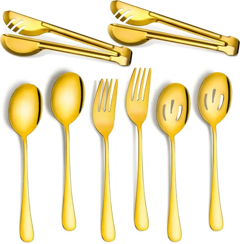 Vista 8 de Patelai Juego de 8 utensilios de acero inoxidable negro para servir, cucharas grandes de 8.7 pulgadas y cuchara ranurada, tenedores de 9.45