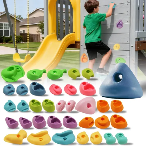 Vista 9 de Juego de 20 soportes de escalada en roca para niños, agarres de pared para escalada en roca, juego de pared para interiores y exteriores, juego
