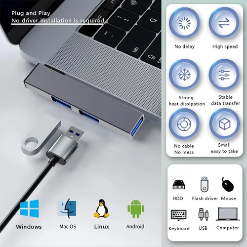 Vista 6 de Concentrador USB, concentrador USB de 3 puertos con puerto USB 2.0 y puerto USB 3.0, divisor USB, extensor USB para laptop, PC, unidad flash, disco