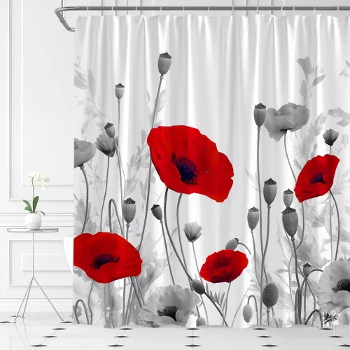 Vista 8 de Cortina de ducha floral negra elegante tulipán negro blanco y negro, diseño moderno de impresión artística única, juego de decoración de baño